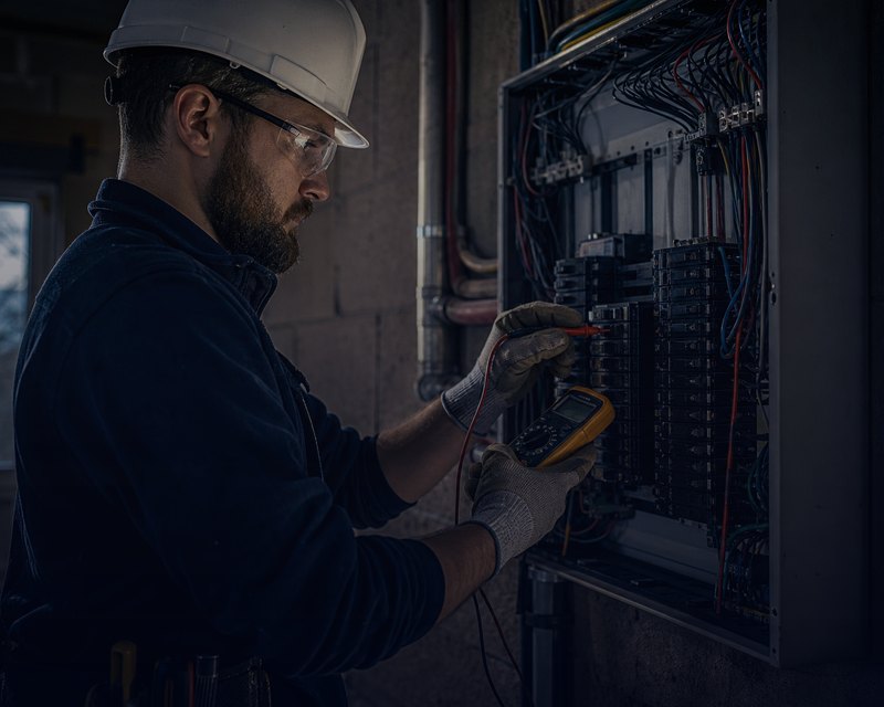 Electrician working on a residential breaker panel