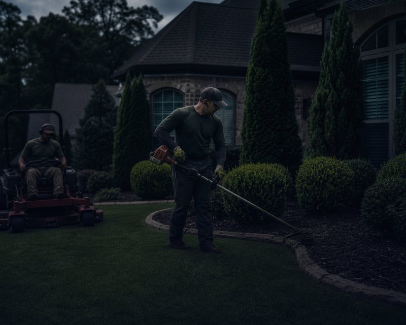 Landscaping crew maintaining a residential yard
