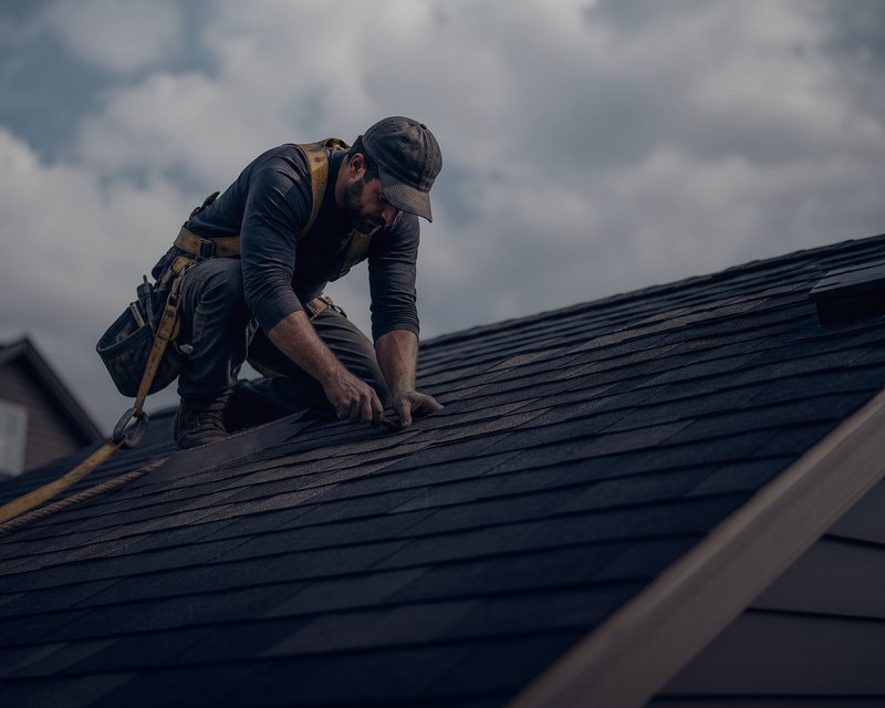 Roofer installing shingles on a residential roof